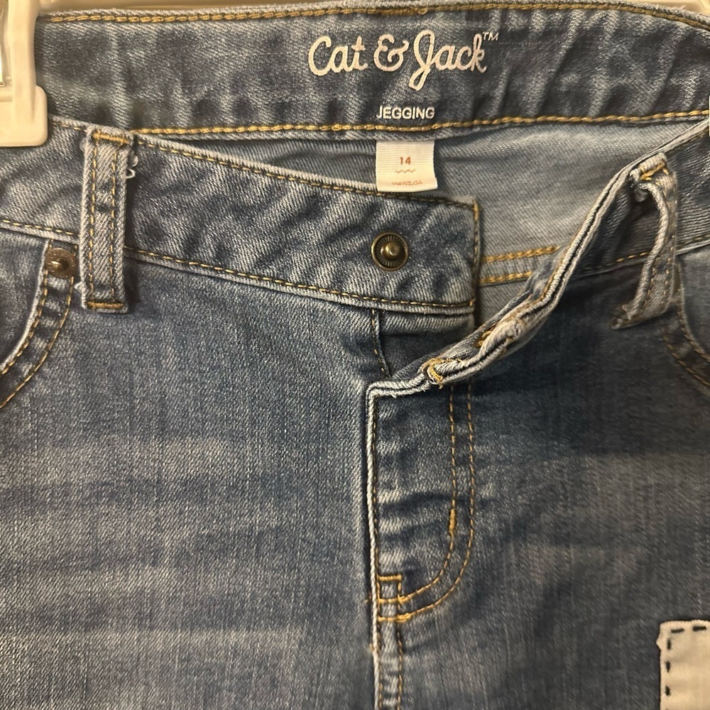 Cat & Jack Jegging Size 14 Blue Patchwork Girls Stretch Jeans Snap Closure - Picture 3 of 4